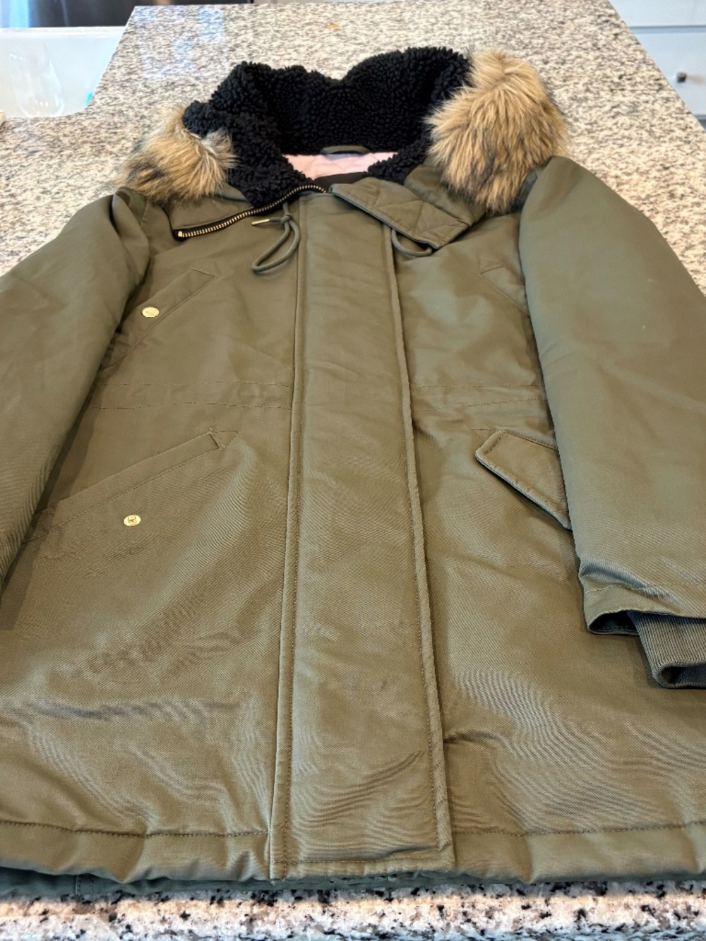 J.Crew Perfect Winter Parka Wild Olive PrimaLoft Faux Fur Hood M